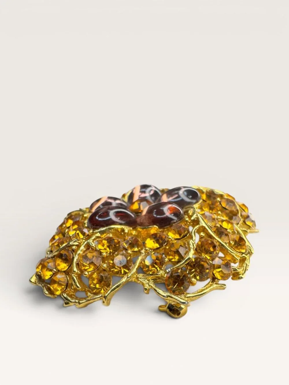 1960s Amber Crystal Lavender Lucite Flower Brooch Gold Tone Openwork Vintage